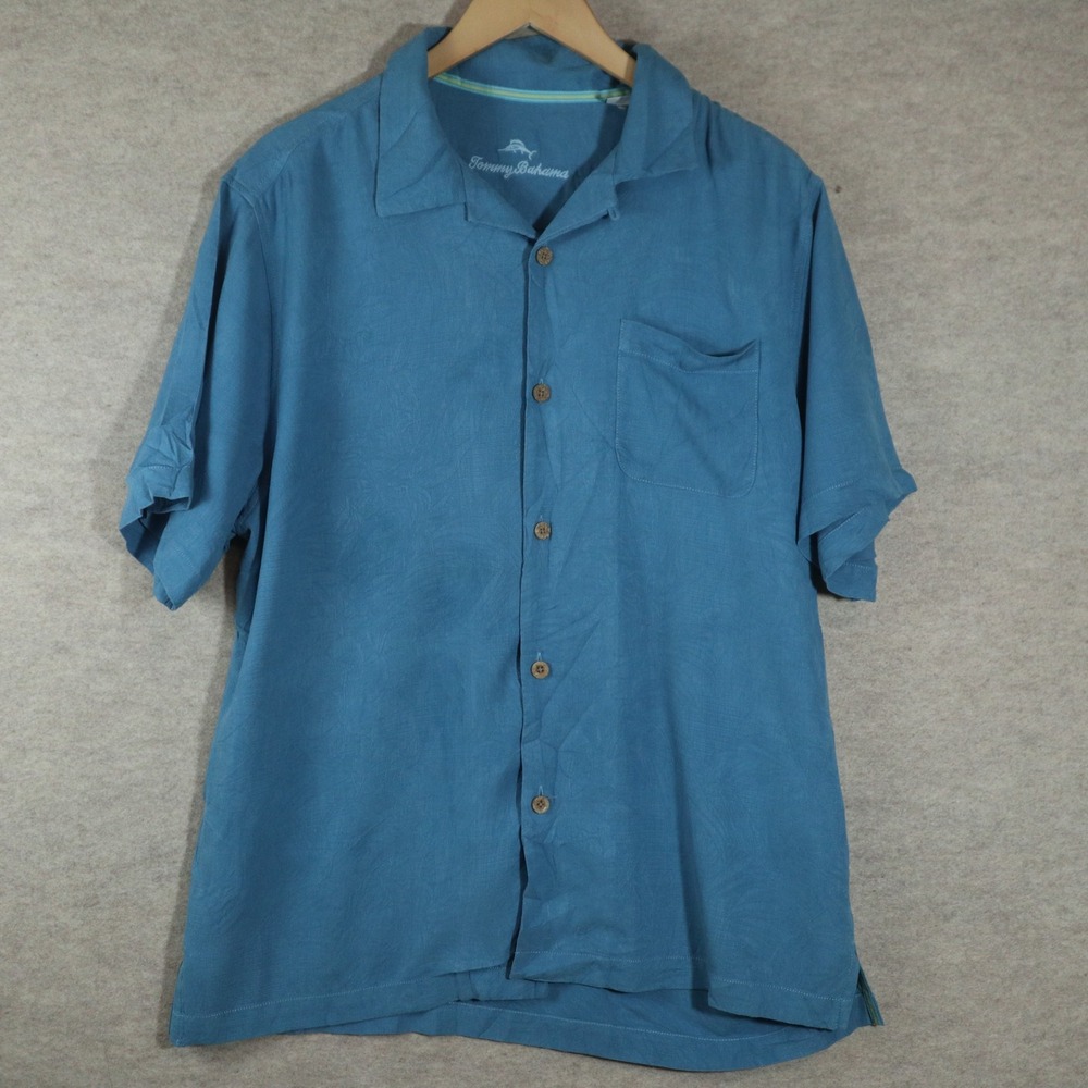 Tommy Bahama Shirt Large Blue Camp Modern Tonal Palm Leaf Jacquard